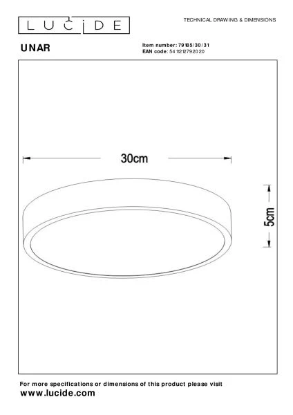 Lucide UNAR - Flush ceiling light - Ø 30 cm- LED 3 StepDim - 1x18W 2700K - White - technical